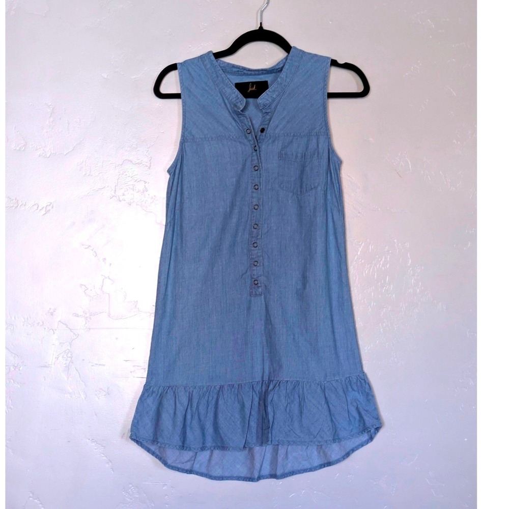 Jack Chambray Dress Women Small Blue Sleeveless Ruffle Hem Snap Front Tunic